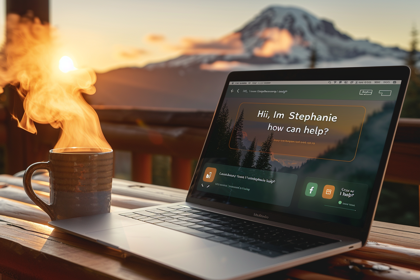 Stephanie chat interface on a laptop at a cabin porch