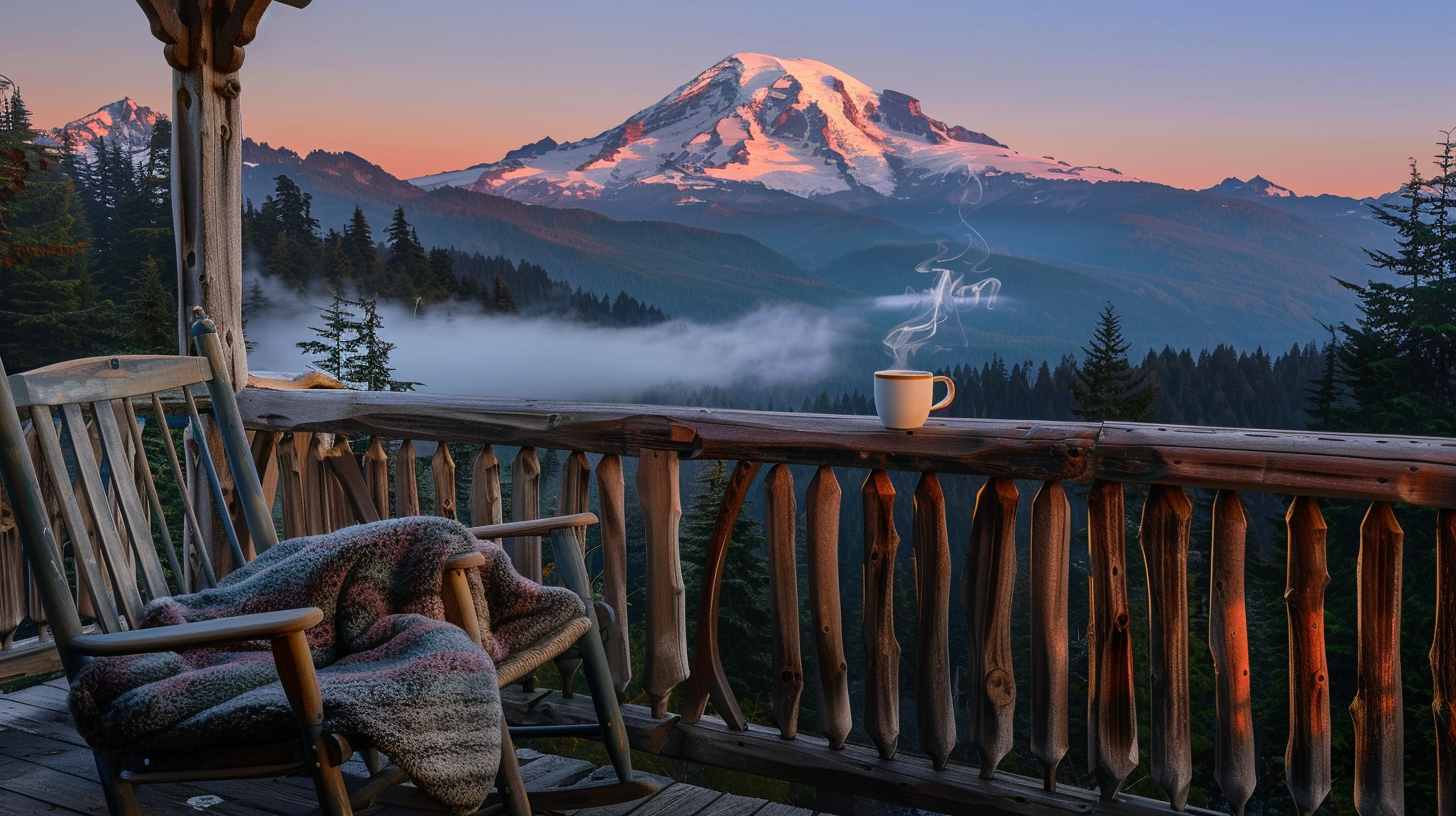 Mount Rainier at sunrise above a forested valley