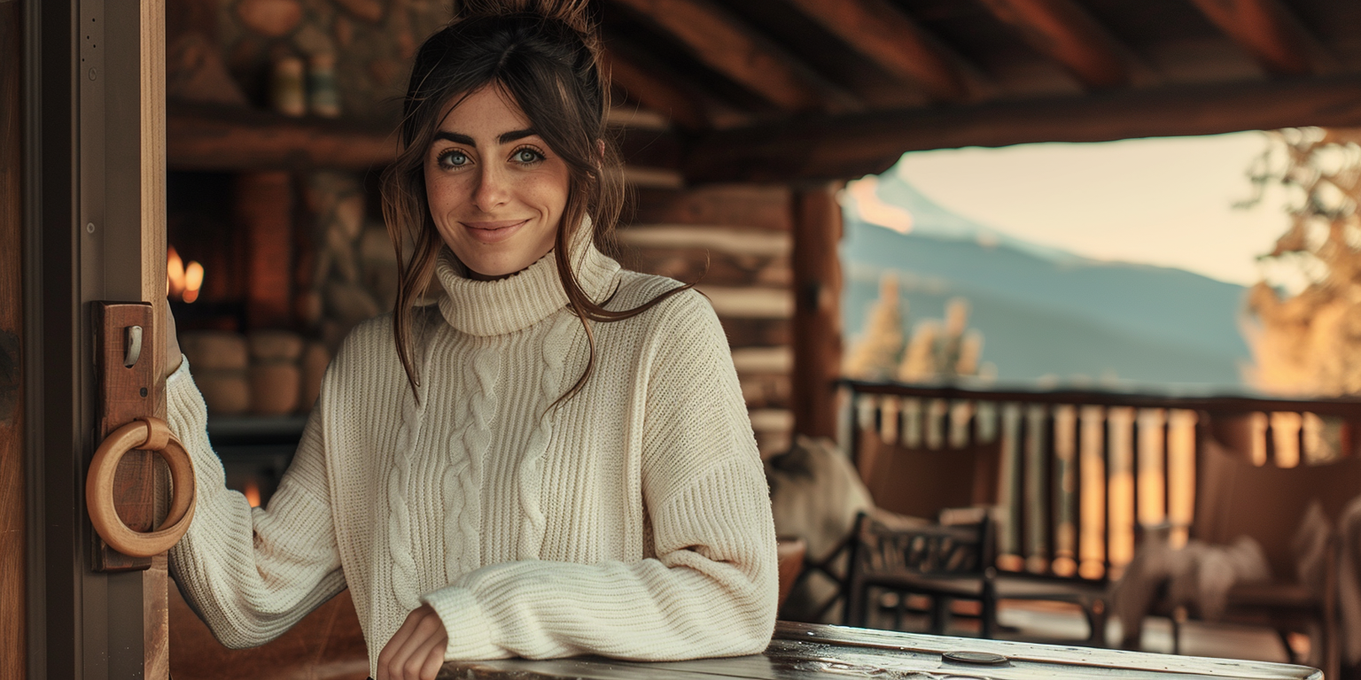 Stephanie at the cabin door, welcoming