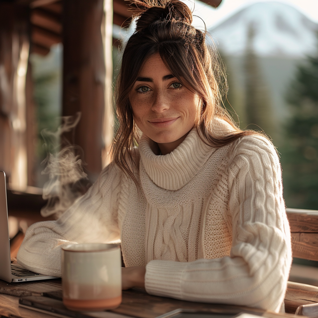 Stephanie at her desk on a cabin porch