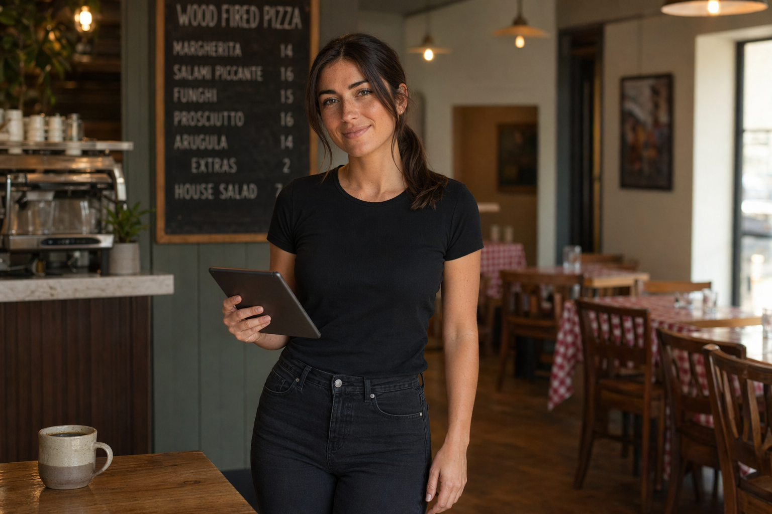 Stephanie in a small restaurant interior